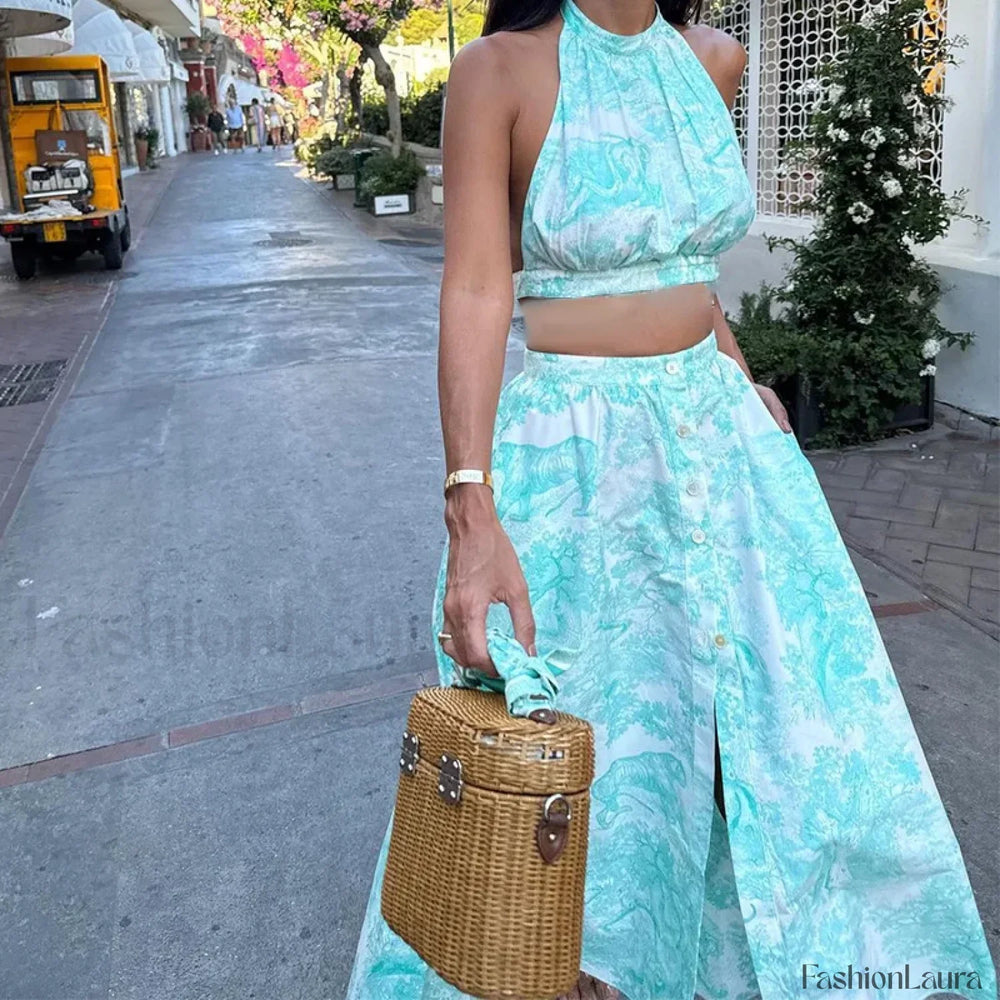 Two Piece Halter Floral Dress