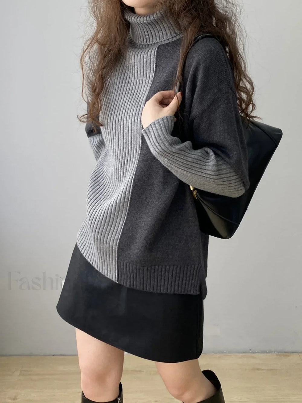 Two Tone Colorblock High Modern Neck Ribbed Knit Sweater Sweaters L