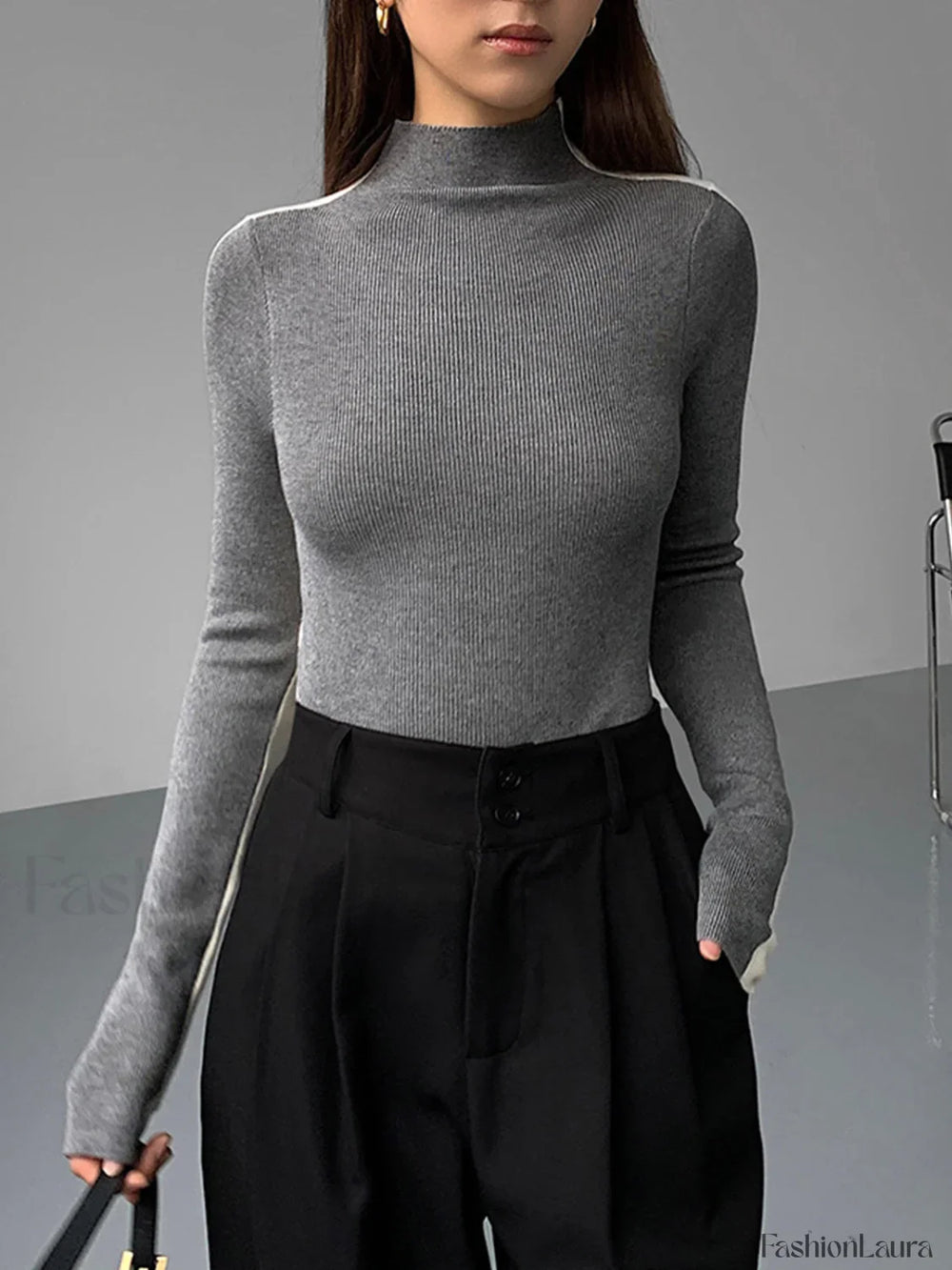 Two Tone Double Sided Long Sleeve Knit Top Light Grey / XS Knit Tops