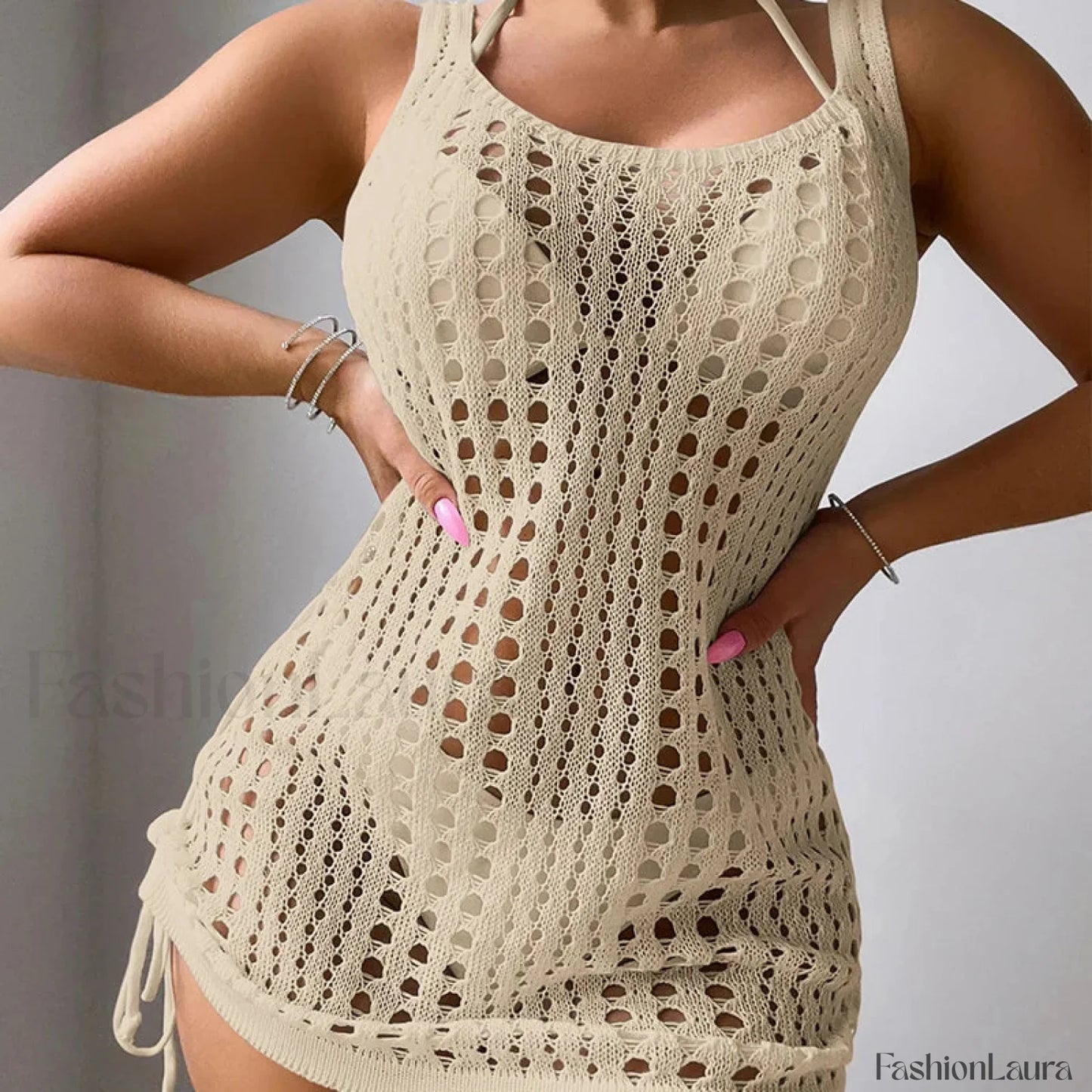 U Collar Rope Knit Bathing Cover Up APRICOT / S