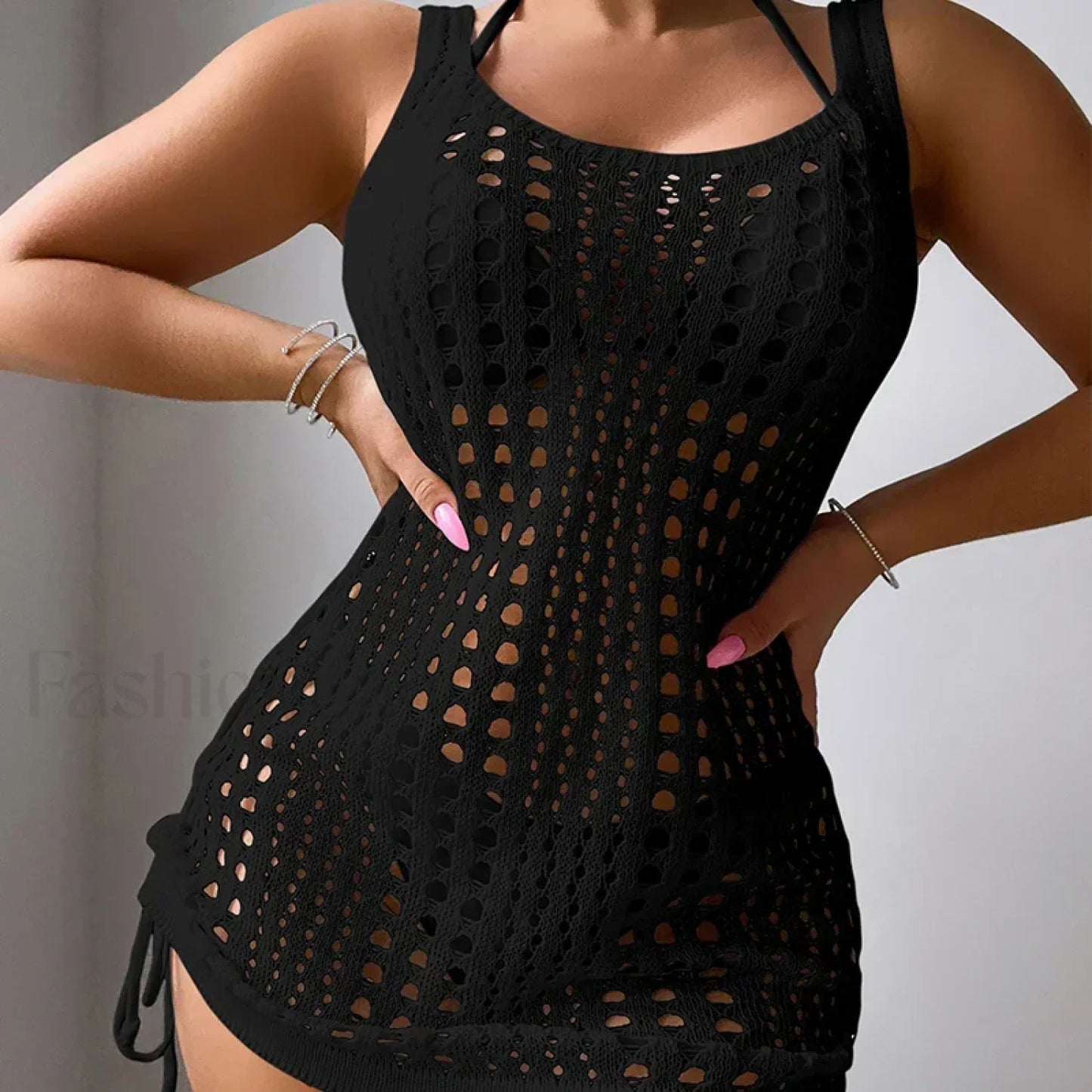 U Collar Rope Knit Bathing Cover Up Black / S