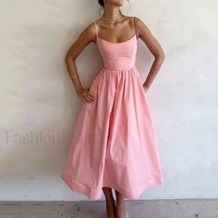 U Neck Pleated Sundress Midi Dress Pink / S