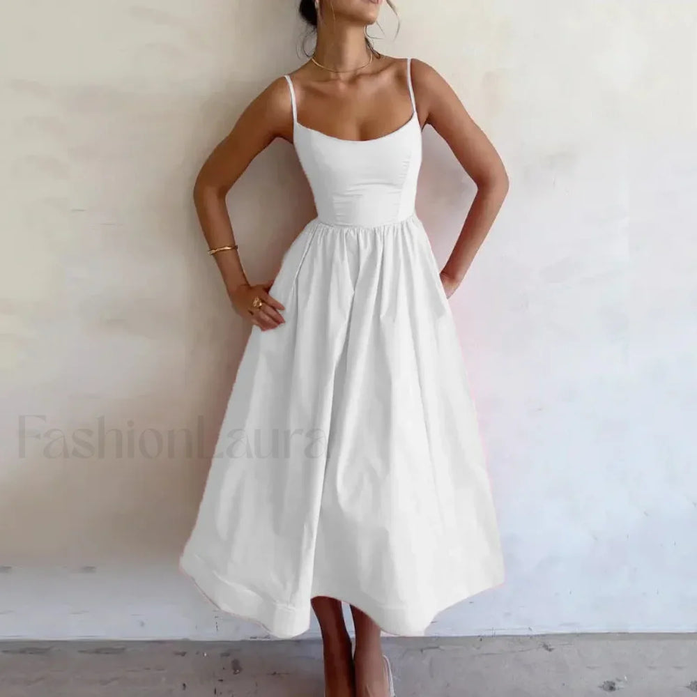 U Neck Pleated Sundress Midi Dress White / S