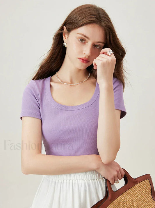 U Neck Slim Thin Knitted T Shirt Purple / XS