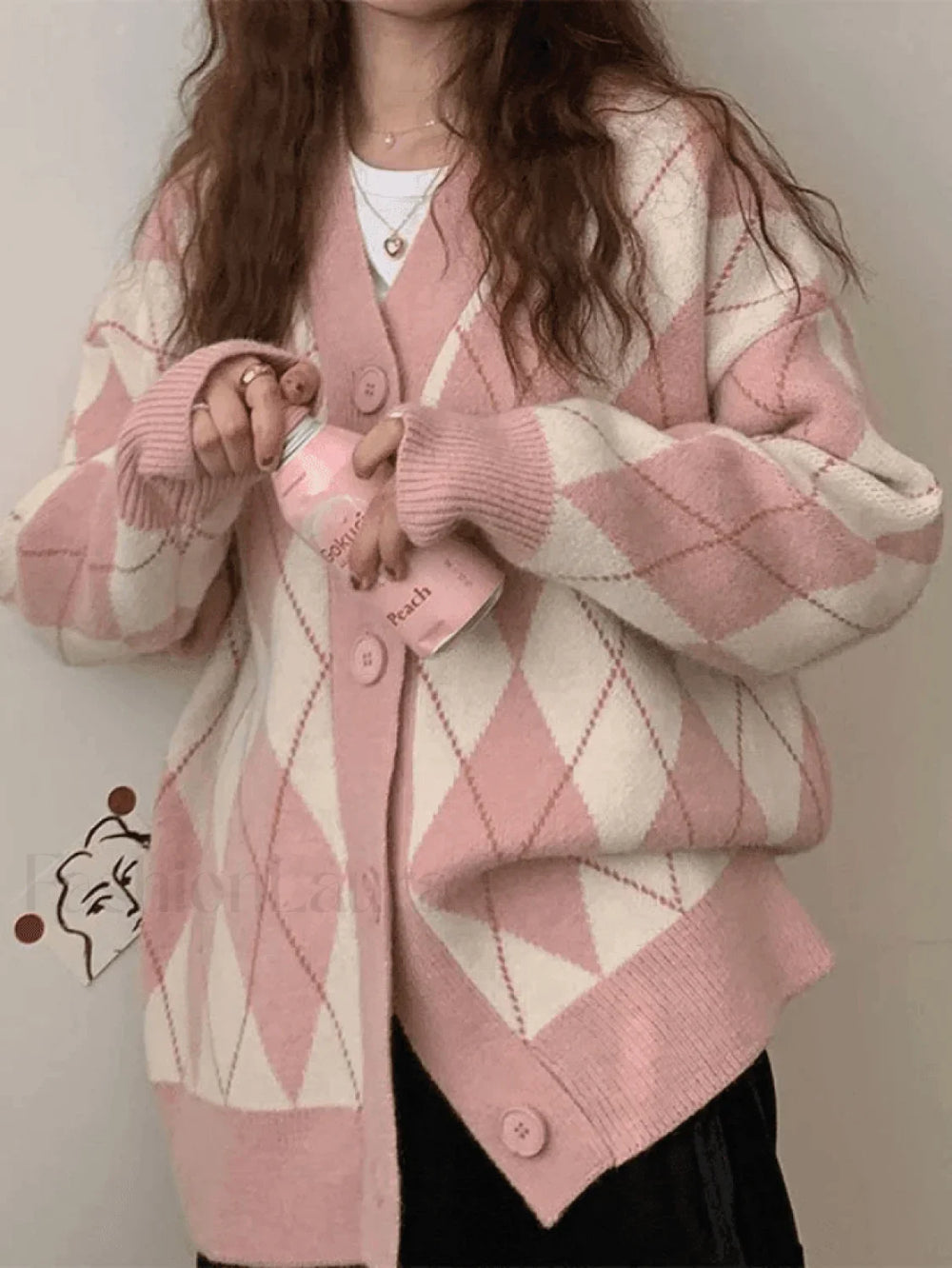 V Neck Argyle Pattern Knit Cardigan Pink / ONE SIZE Sweaters
