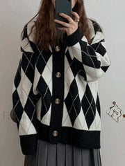V Neck Argyle Pattern Knit Cardigan Sweaters