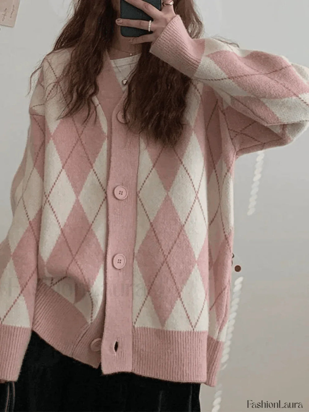 V Neck Argyle Pattern Knit Cardigan Sweaters