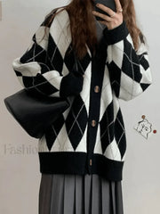 V Neck Argyle Pattern Knit Cardigan Sweaters