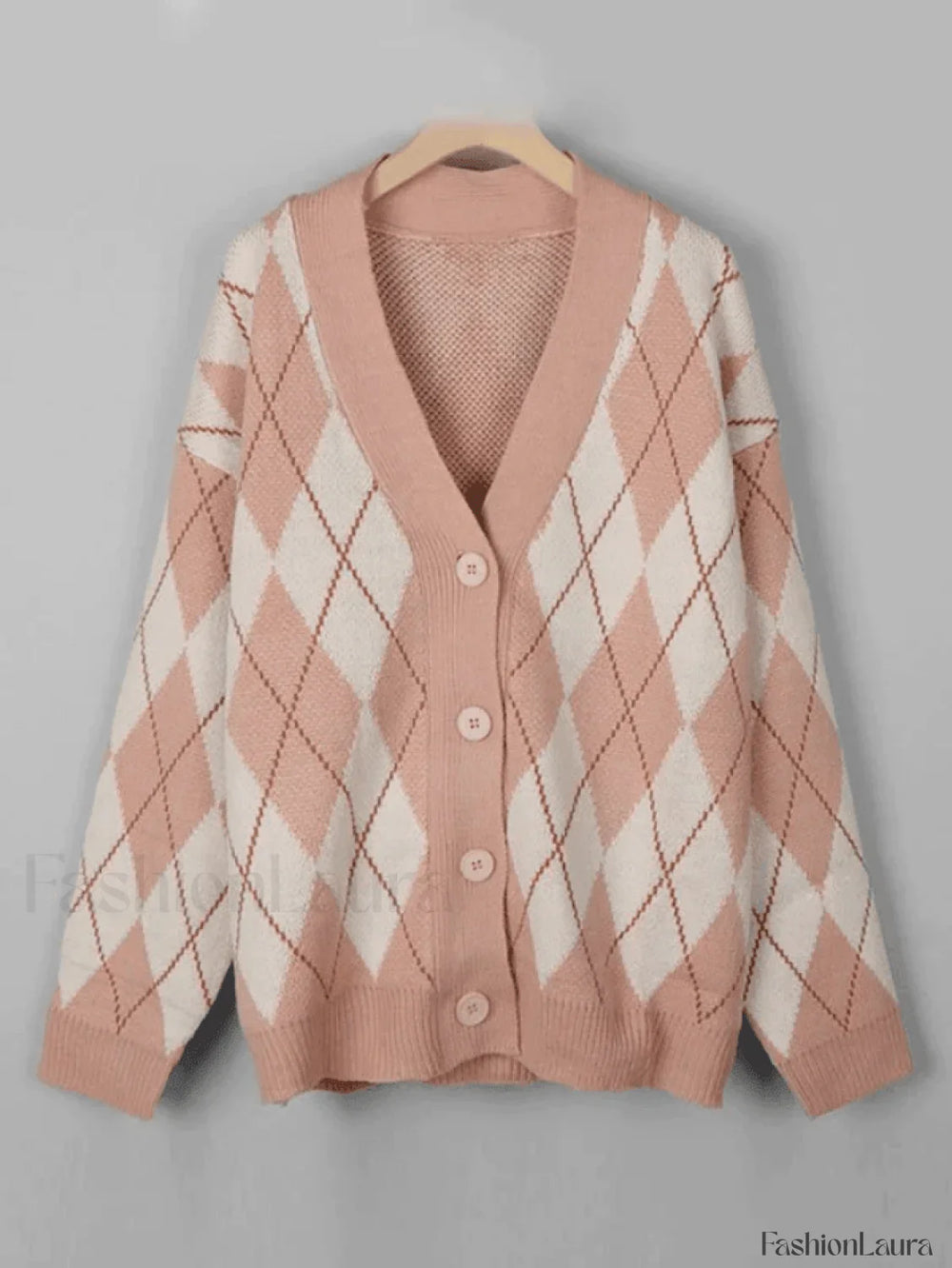 V Neck Argyle Pattern Knit Cardigan Sweaters