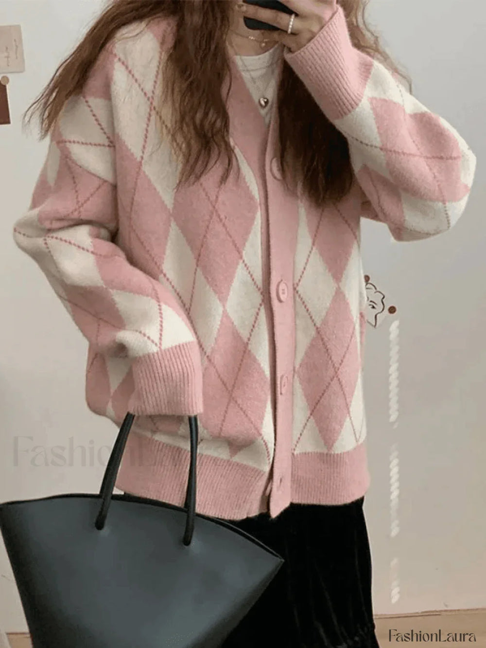 V Neck Argyle Pattern Knit Cardigan Sweaters