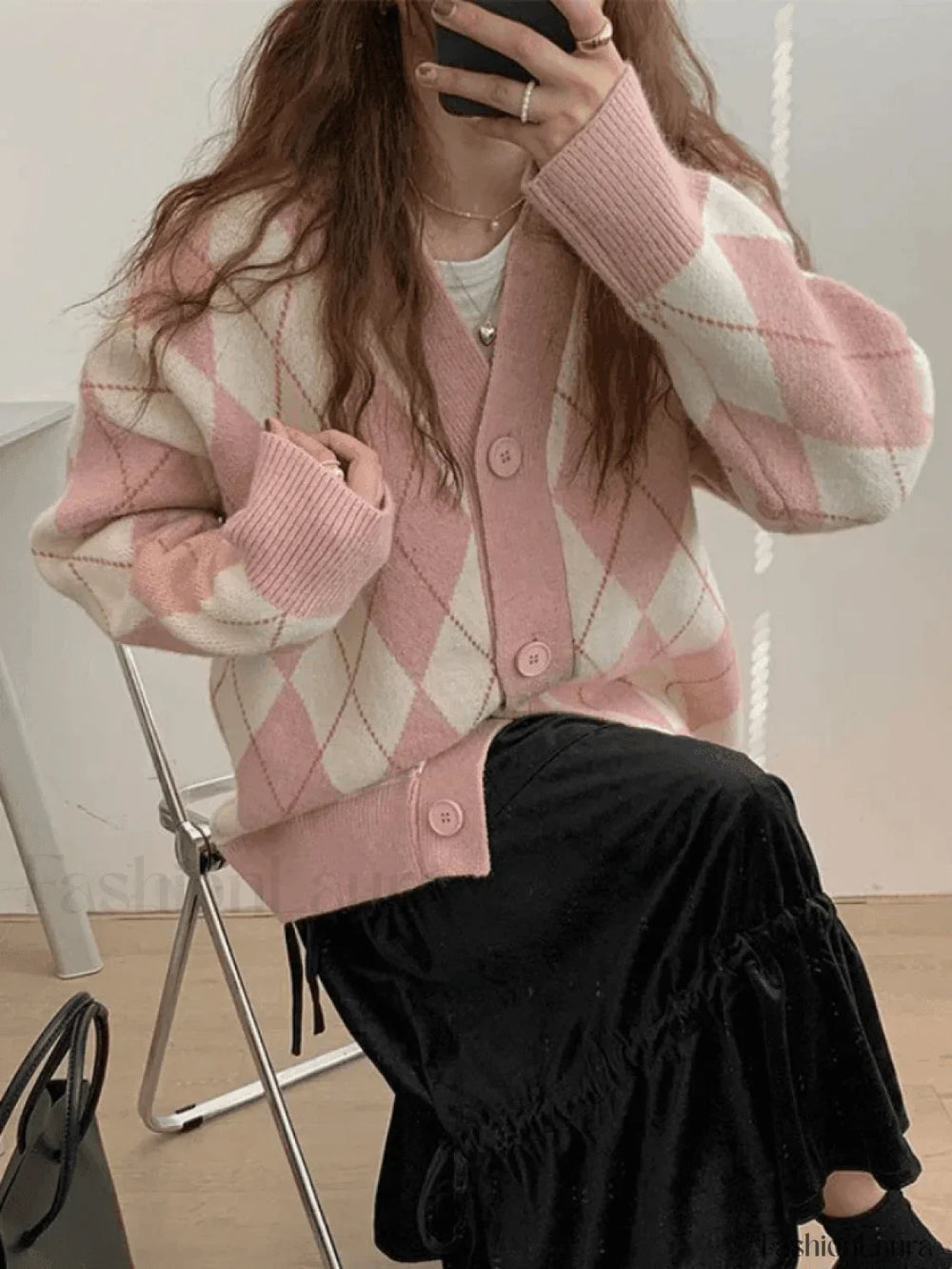 V Neck Argyle Pattern Knit Cardigan Sweaters