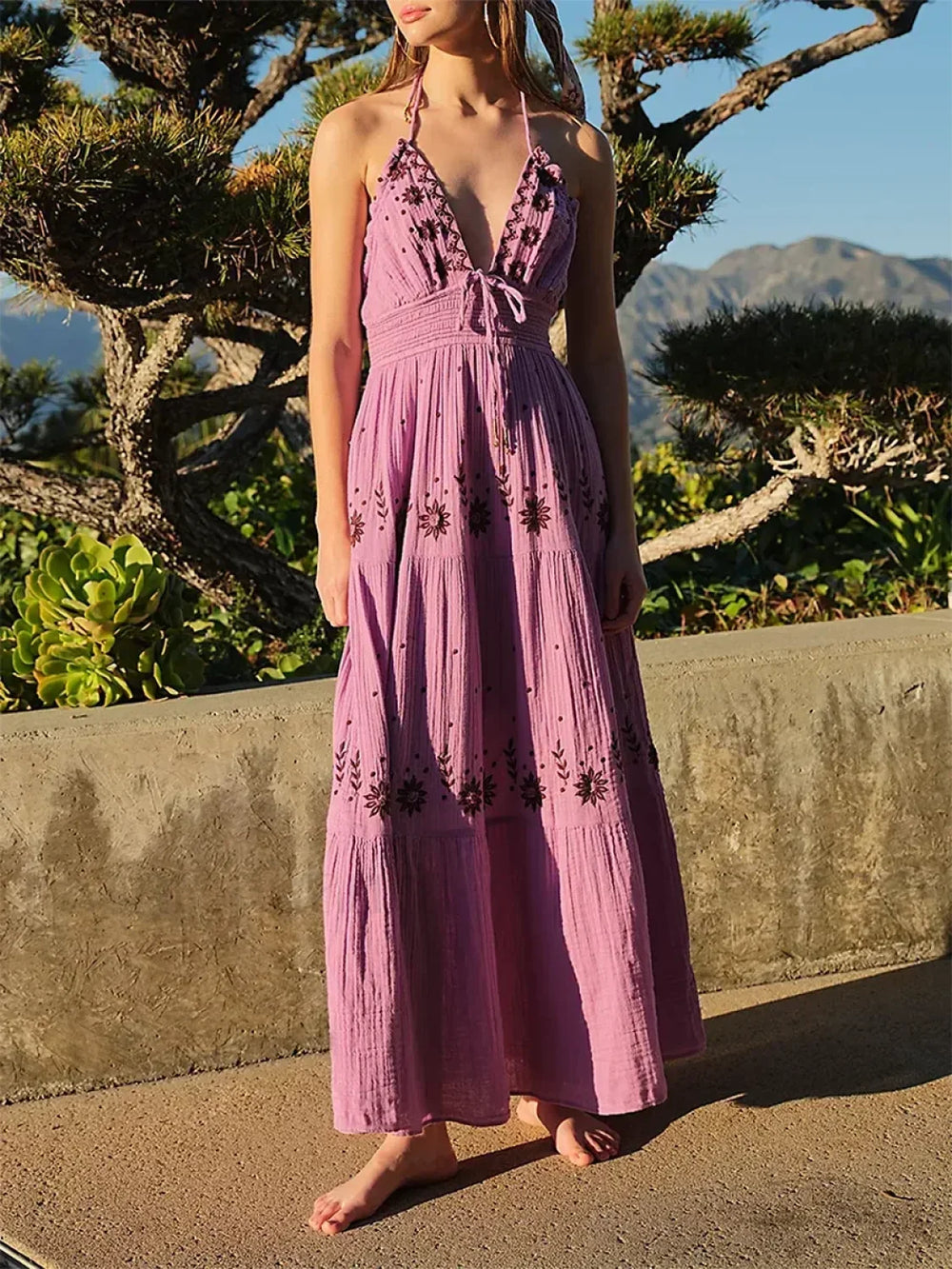 V Neck Backless Party Boho Dress pink / S