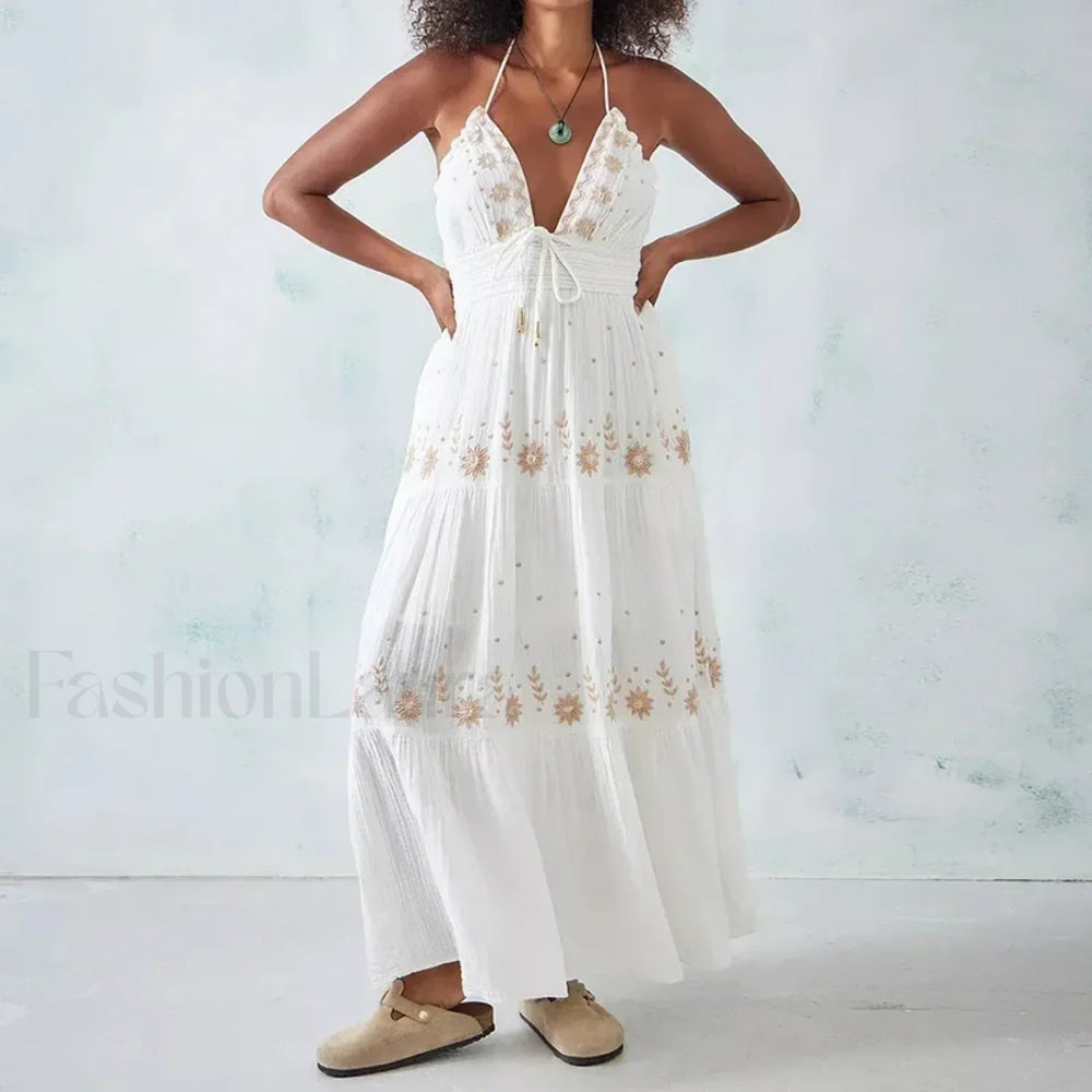 V Neck Backless Party Boho Dress WHITE / S