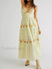 V Neck Backless Party Boho Dress yellow / S