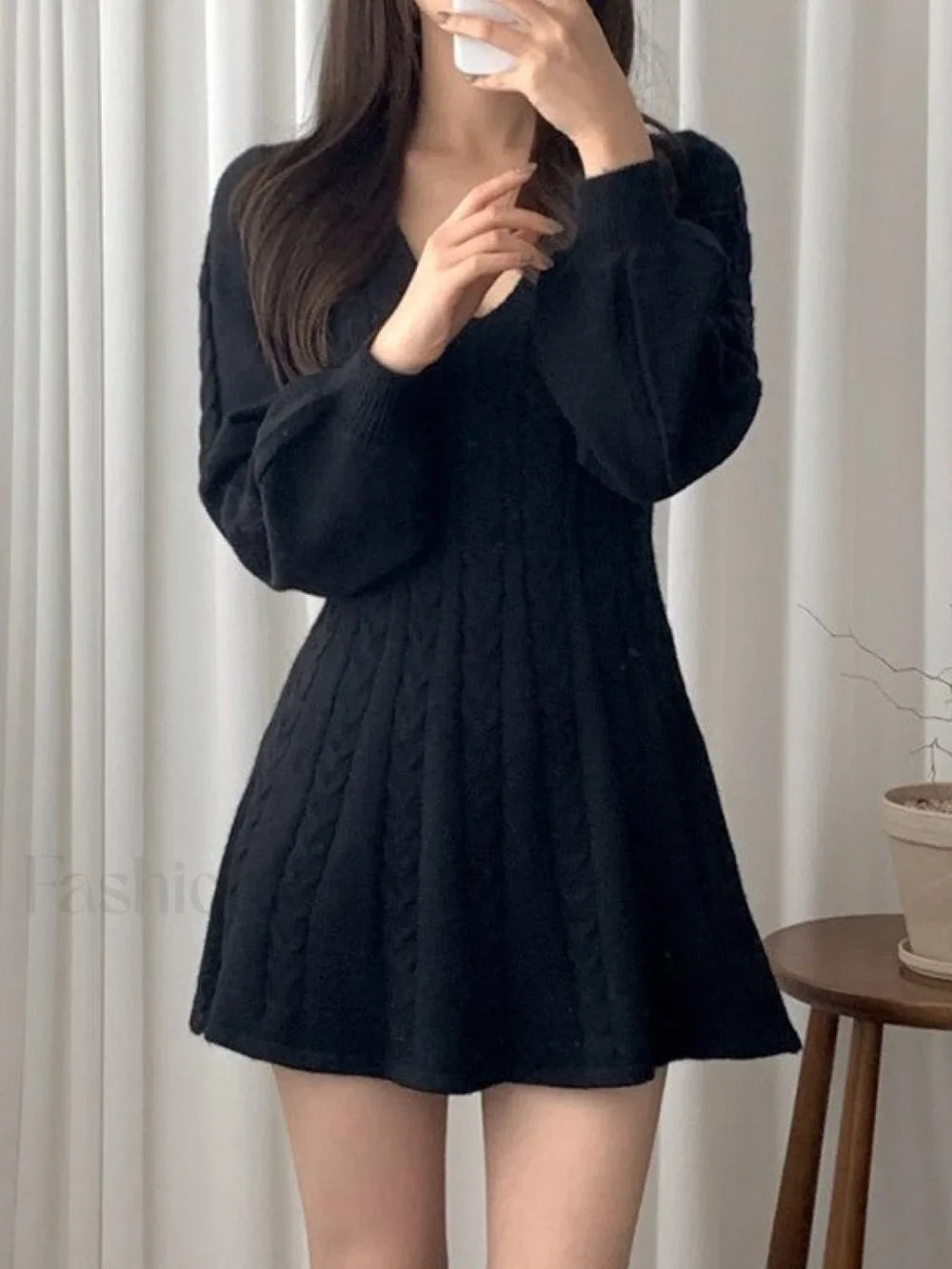 V Neck Cable Knit Long Sleeve Mini Dress Mini Dresses