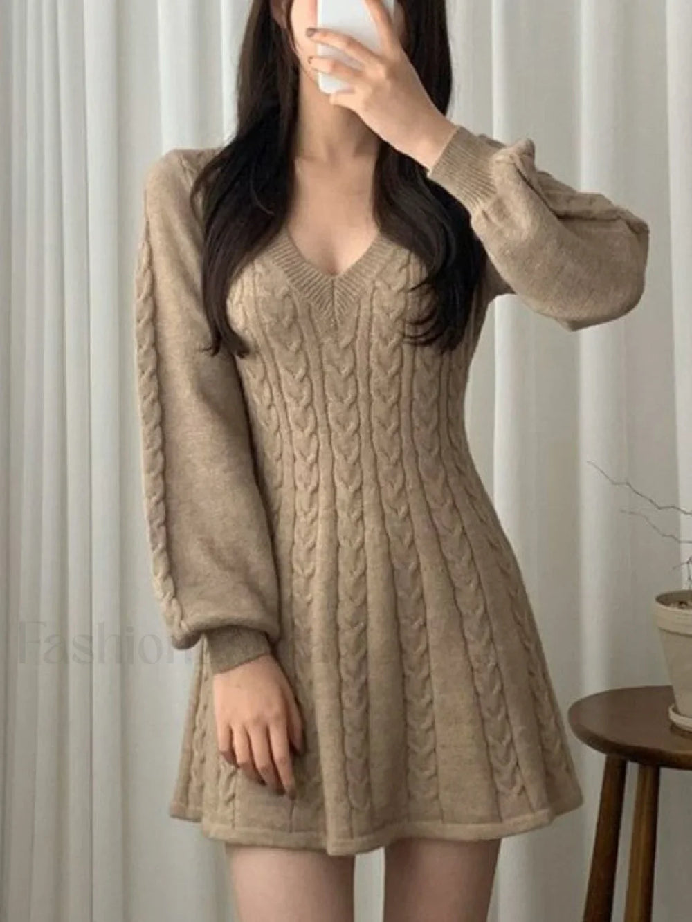 V Neck Cable Knit Long Sleeve Mini Dress Mini Dresses