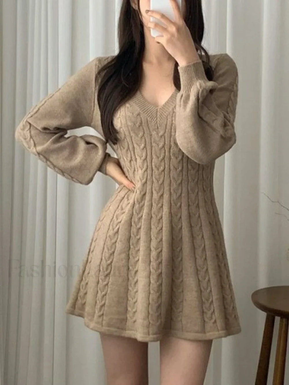 V Neck Cable Knit Long Sleeve Mini Dress Mini Dresses