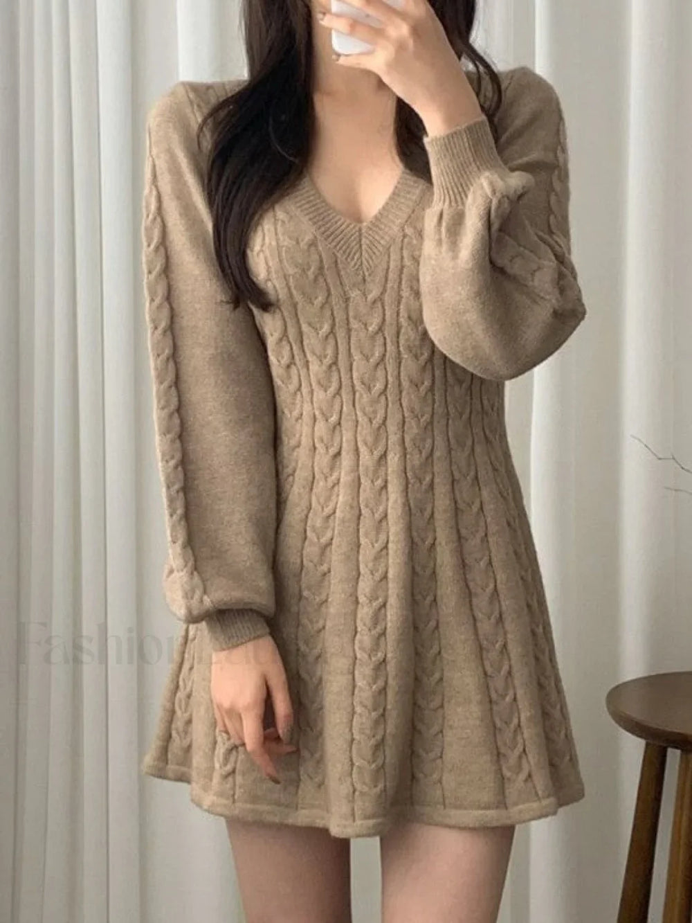 V Neck Cable Knit Long Sleeve Mini Dress Mini Dresses