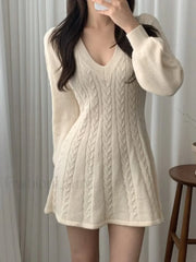 V Neck Cable Knit Long Sleeve Mini Dress White / ONE SIZE Mini Dresses