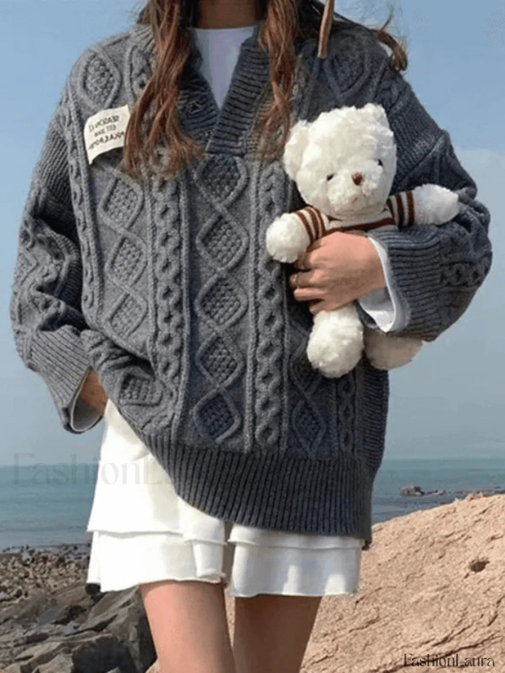 V Neck Cable Knit Sweater Gray / ONE SIZE Sweaters