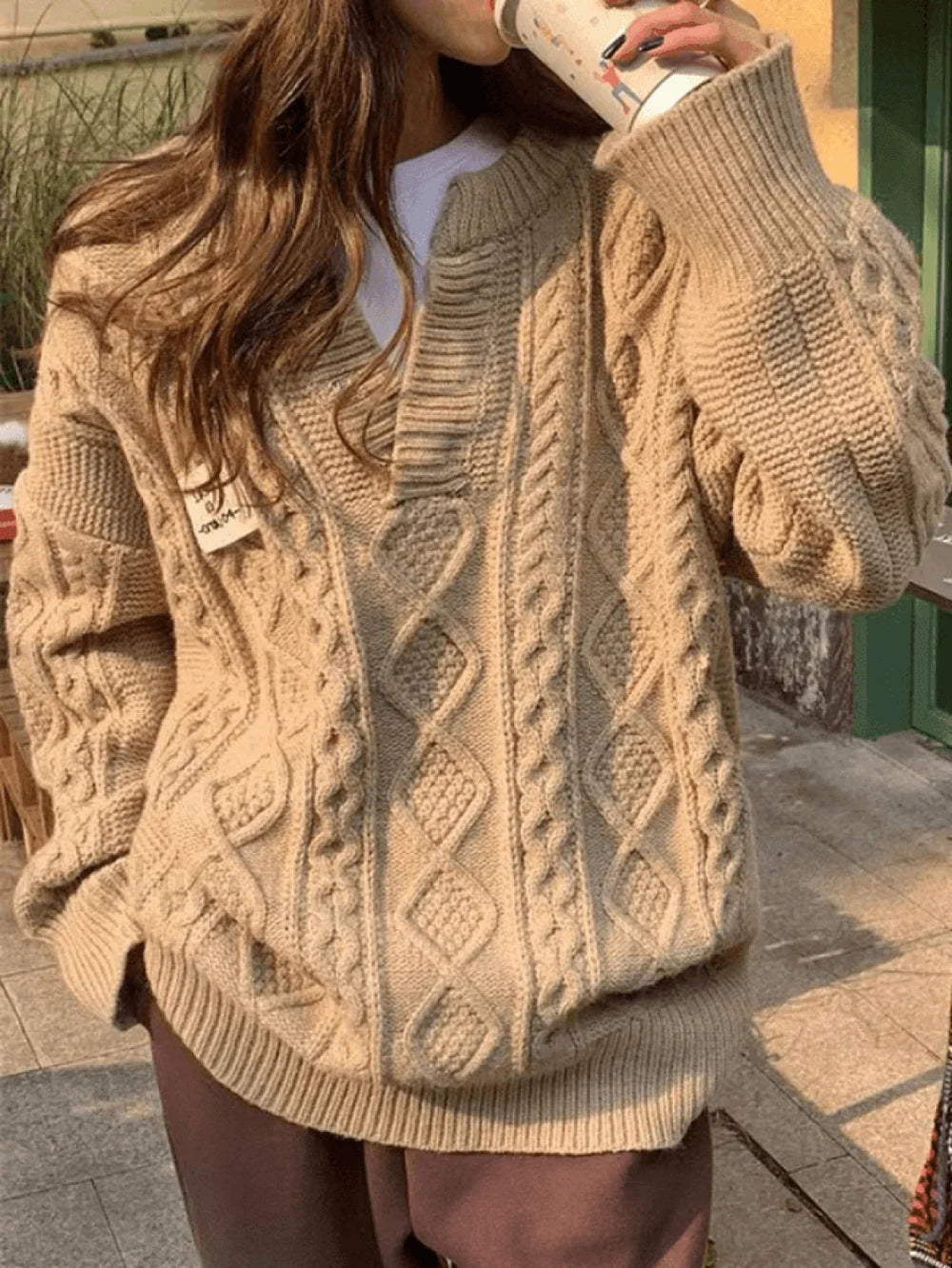 V Neck Cable Knit Sweater Sweaters