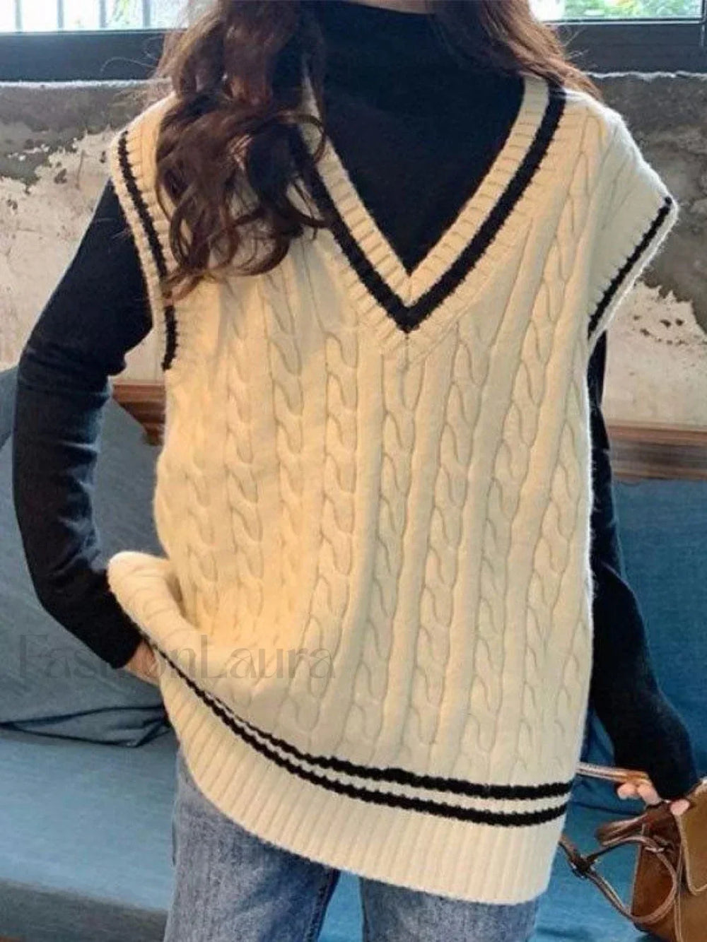 V Neck Cable Knit Sweater Vest Beige / S Sweaters