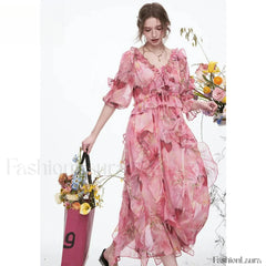 V Neck Chiffon Ruffled Floral Dress Pink / S