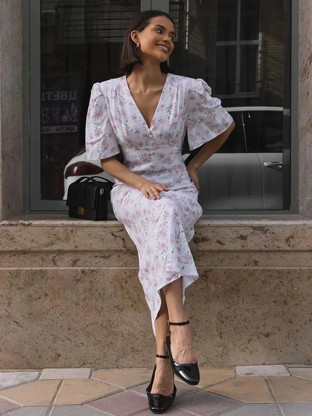 V Neck Contrast Floral Dress