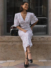 V Neck Contrast Floral Dress