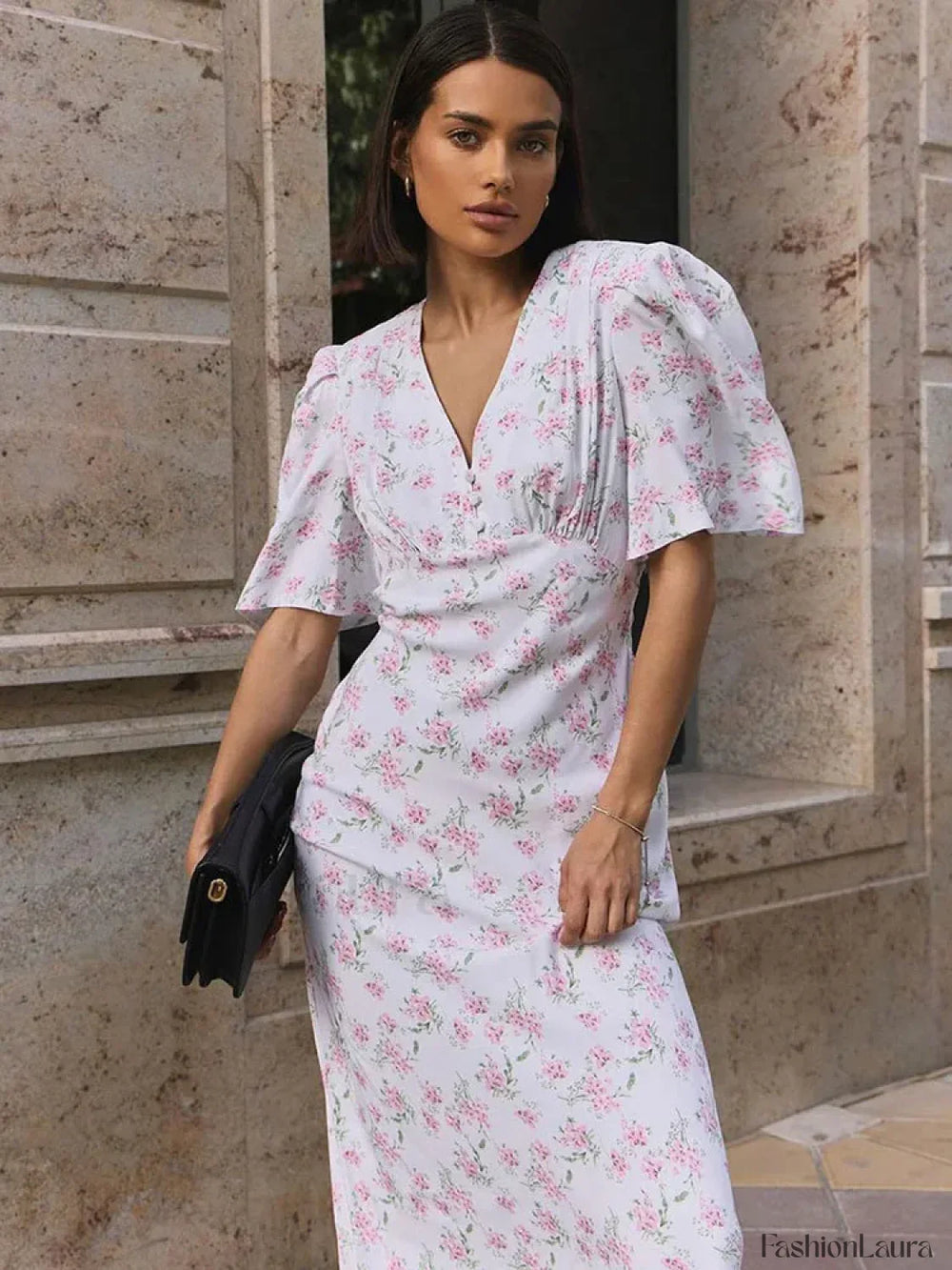 V Neck Contrast Floral Dress