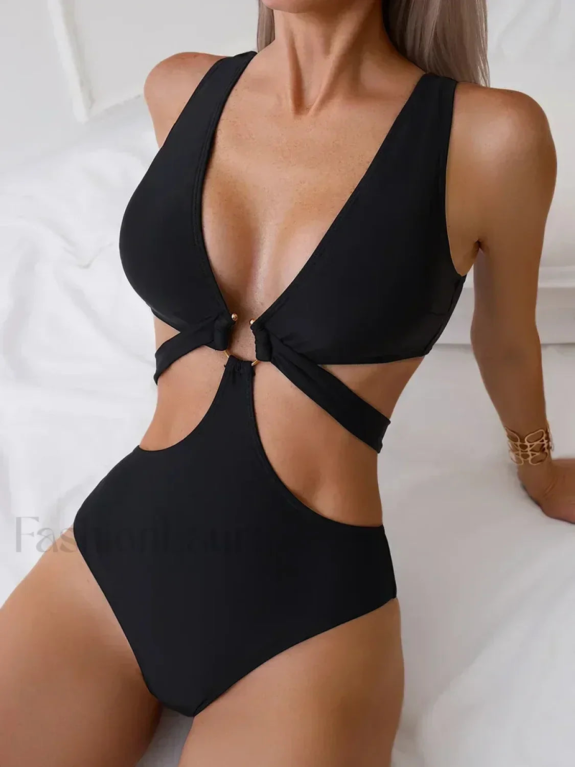 V Neck Cross Bandage High Cut One Piece black / S