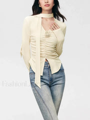 V neck Draped Floral Detail Modern Blouse with Matching Scarf Blouses