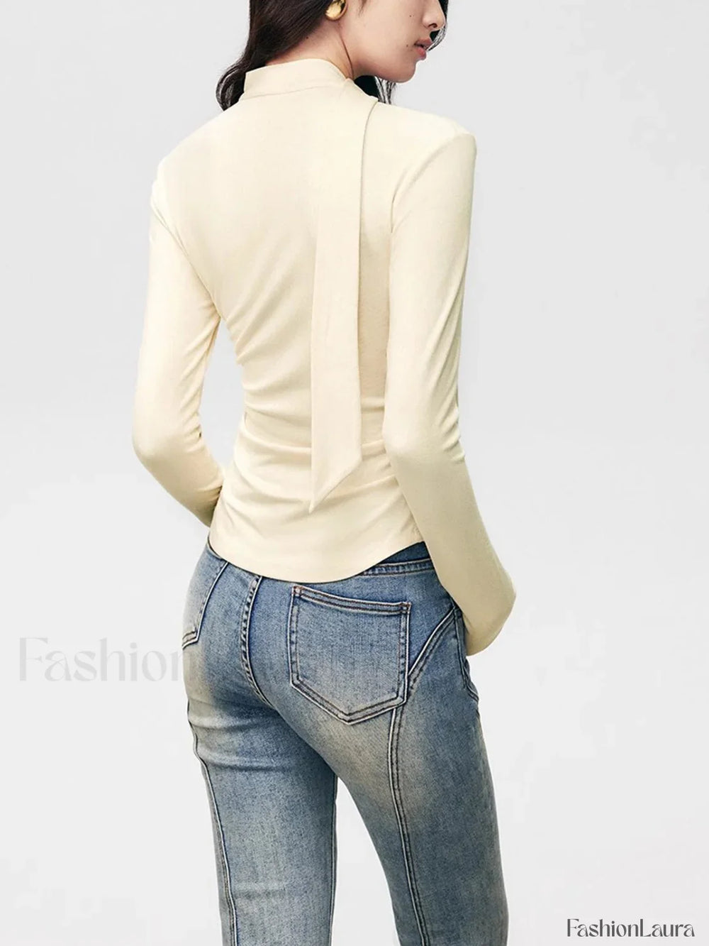 V neck Draped Floral Detail Modern Blouse with Matching Scarf Blouses