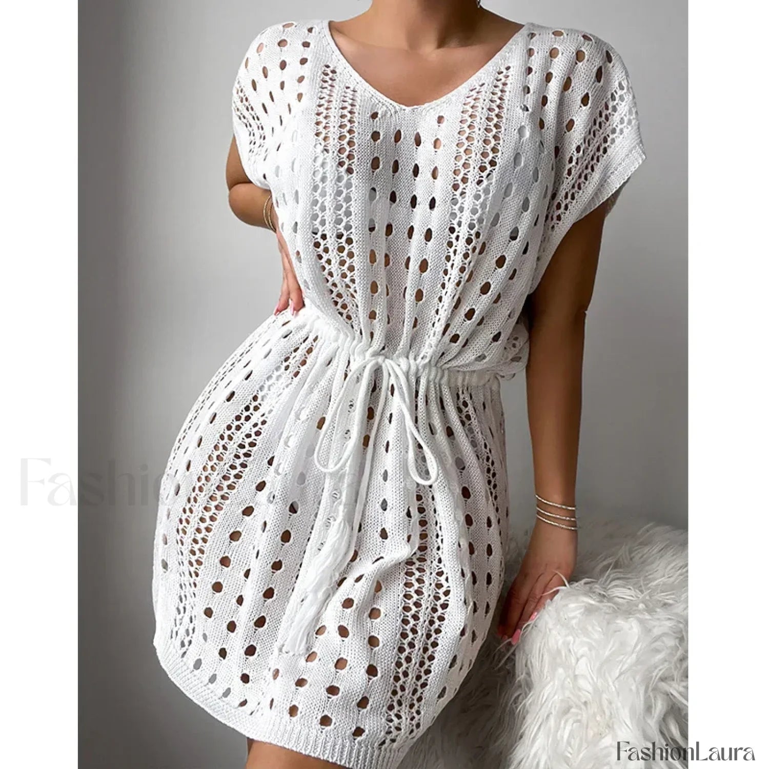 V Neck Drawstring Slit Dress Cover Up