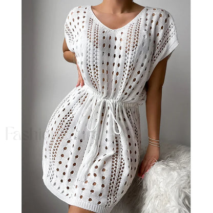 V Neck Drawstring Slit Dress Cover Up