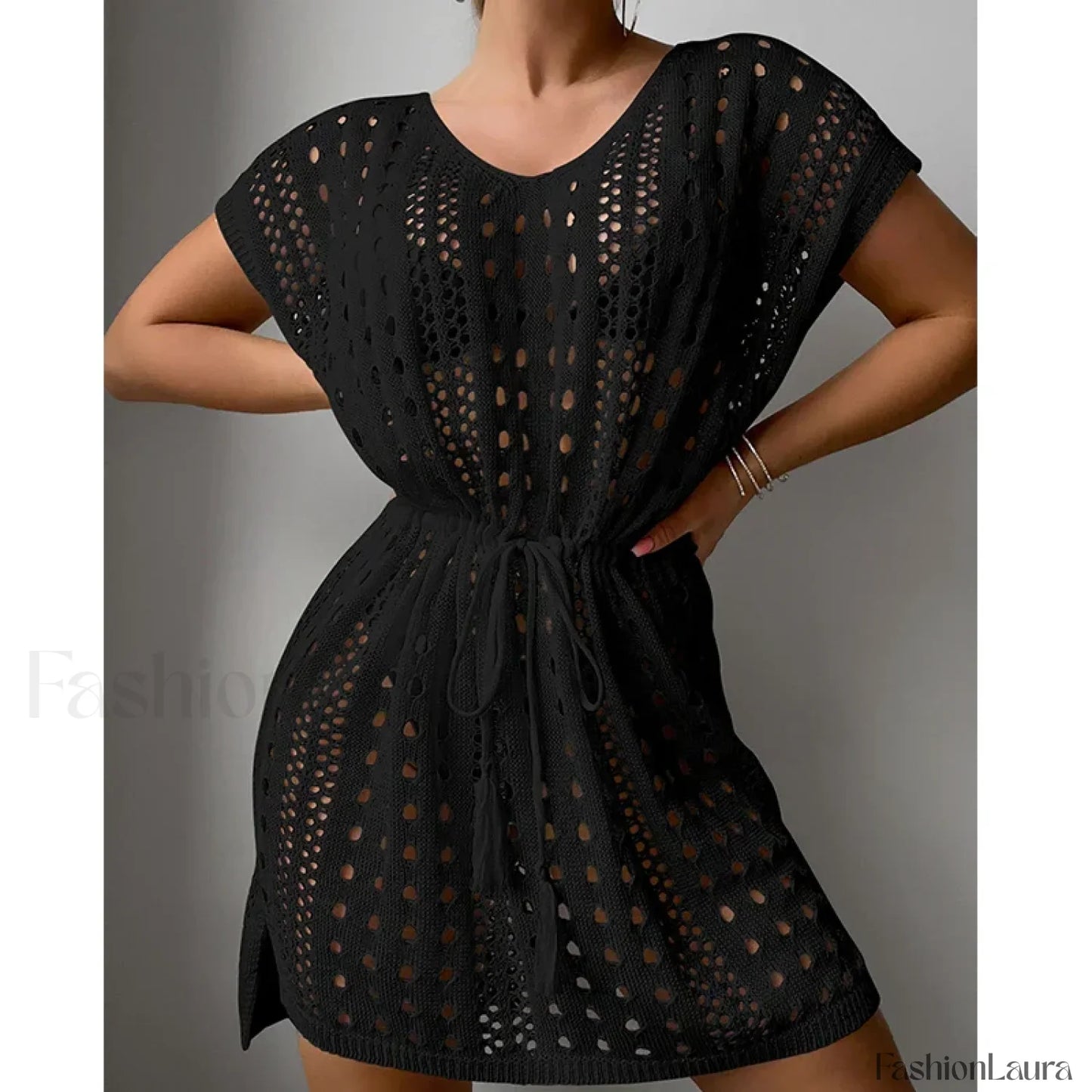 V Neck Drawstring Slit Dress Cover Up Black / One Size