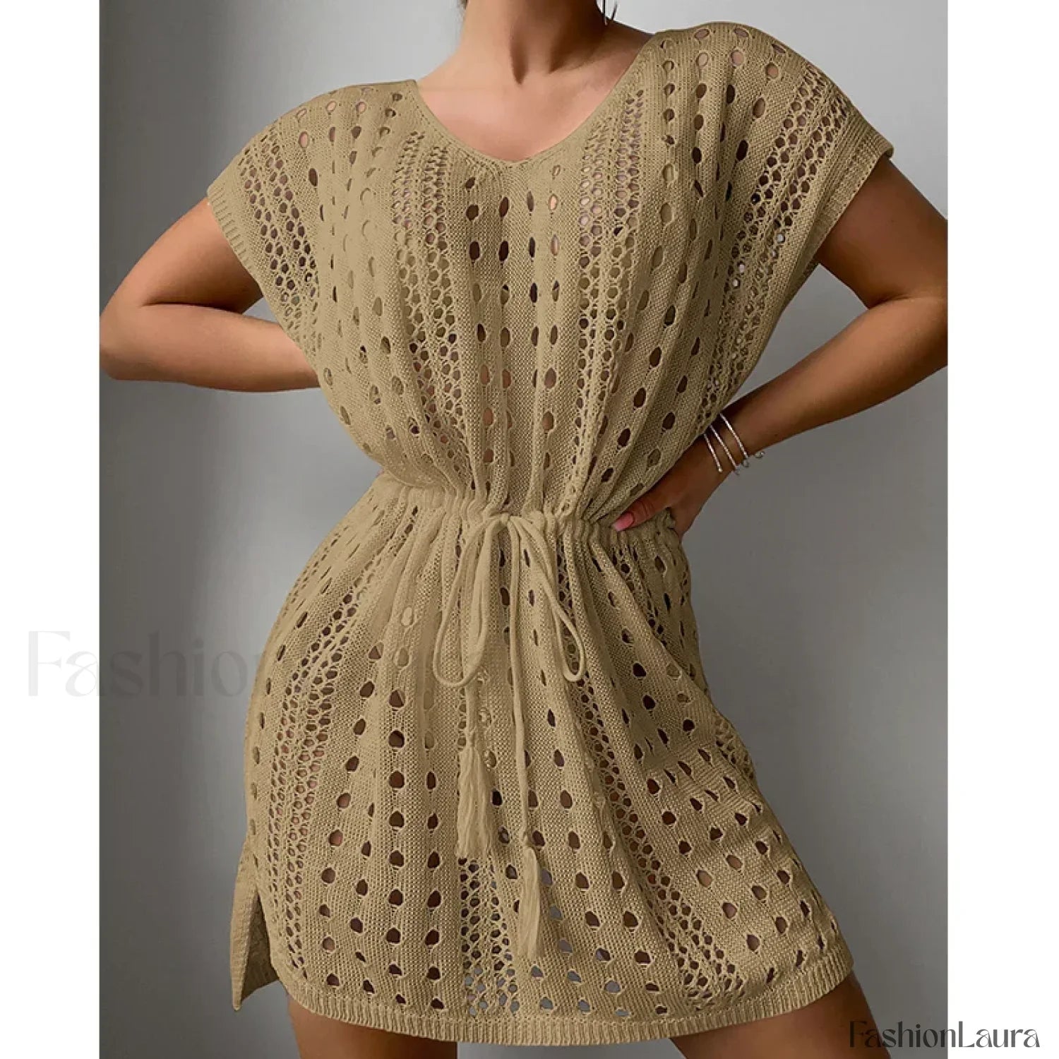 V Neck Drawstring Slit Dress Cover Up Khaki / One Size