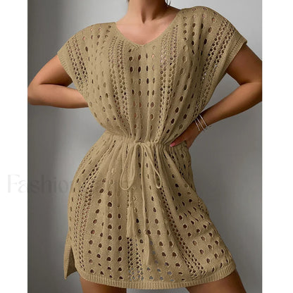 V Neck Drawstring Slit Dress Cover Up Khaki / One Size