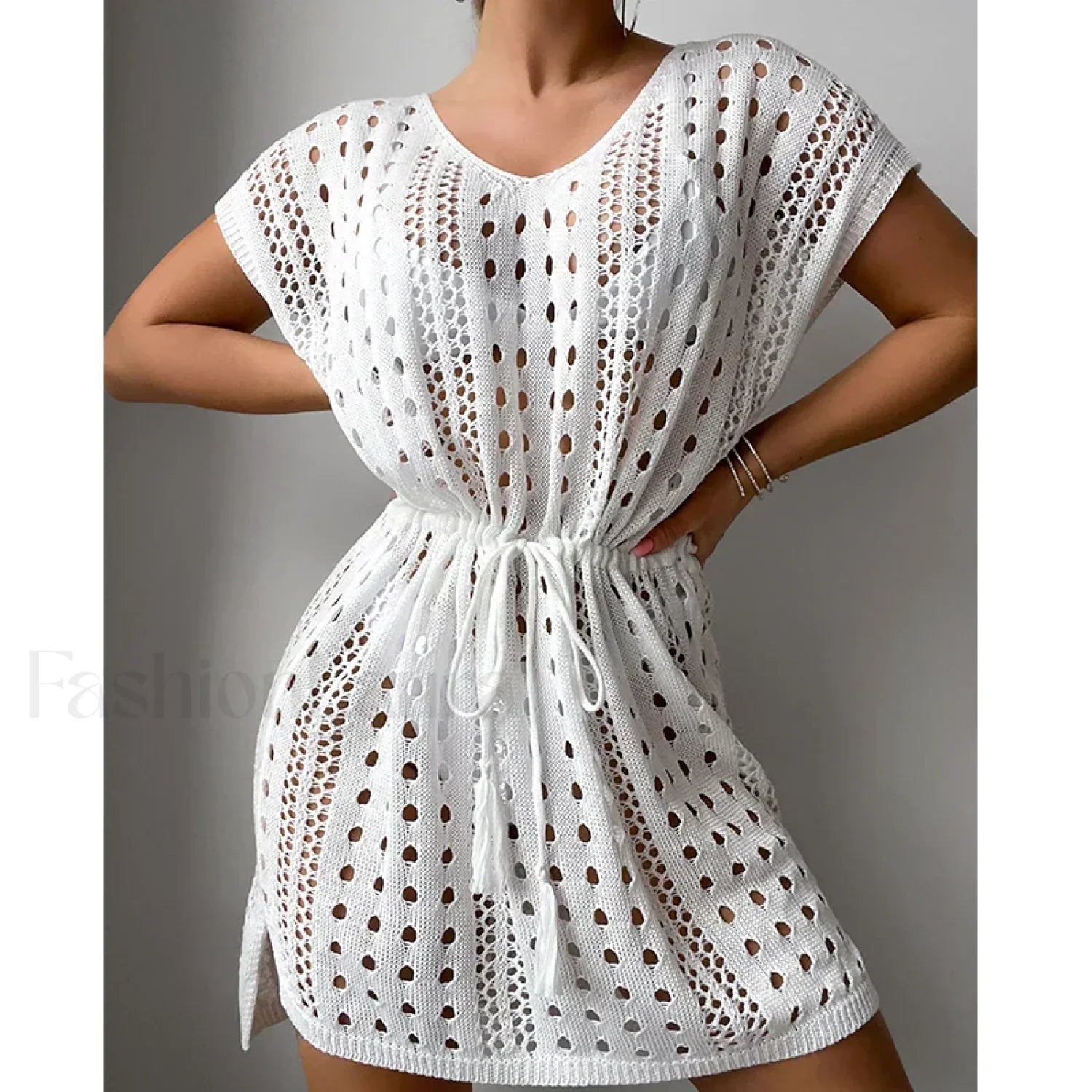 V Neck Drawstring Slit Dress Cover Up WHITE / One Size