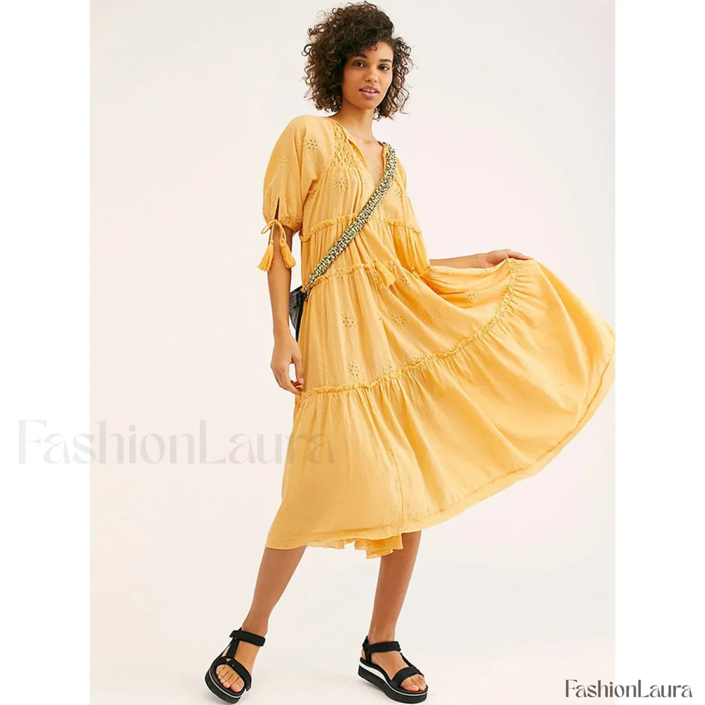 V Neck Embroidery Midi Boho Dress