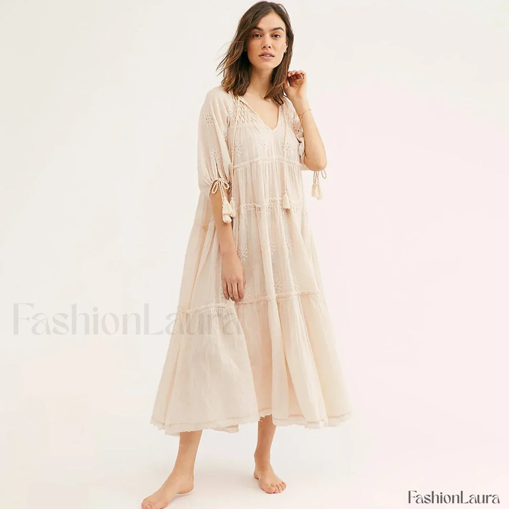 V Neck Embroidery Midi Boho Dress