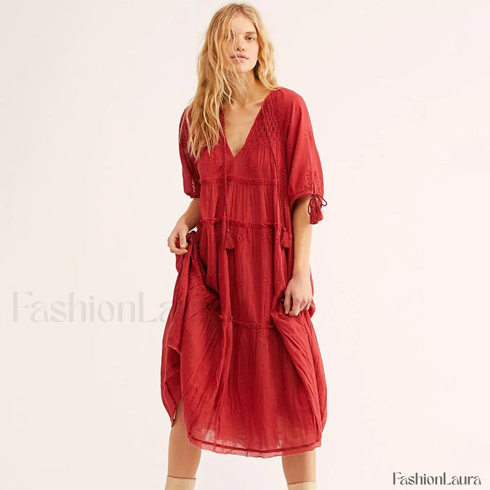 V Neck Embroidery Midi Boho Dress