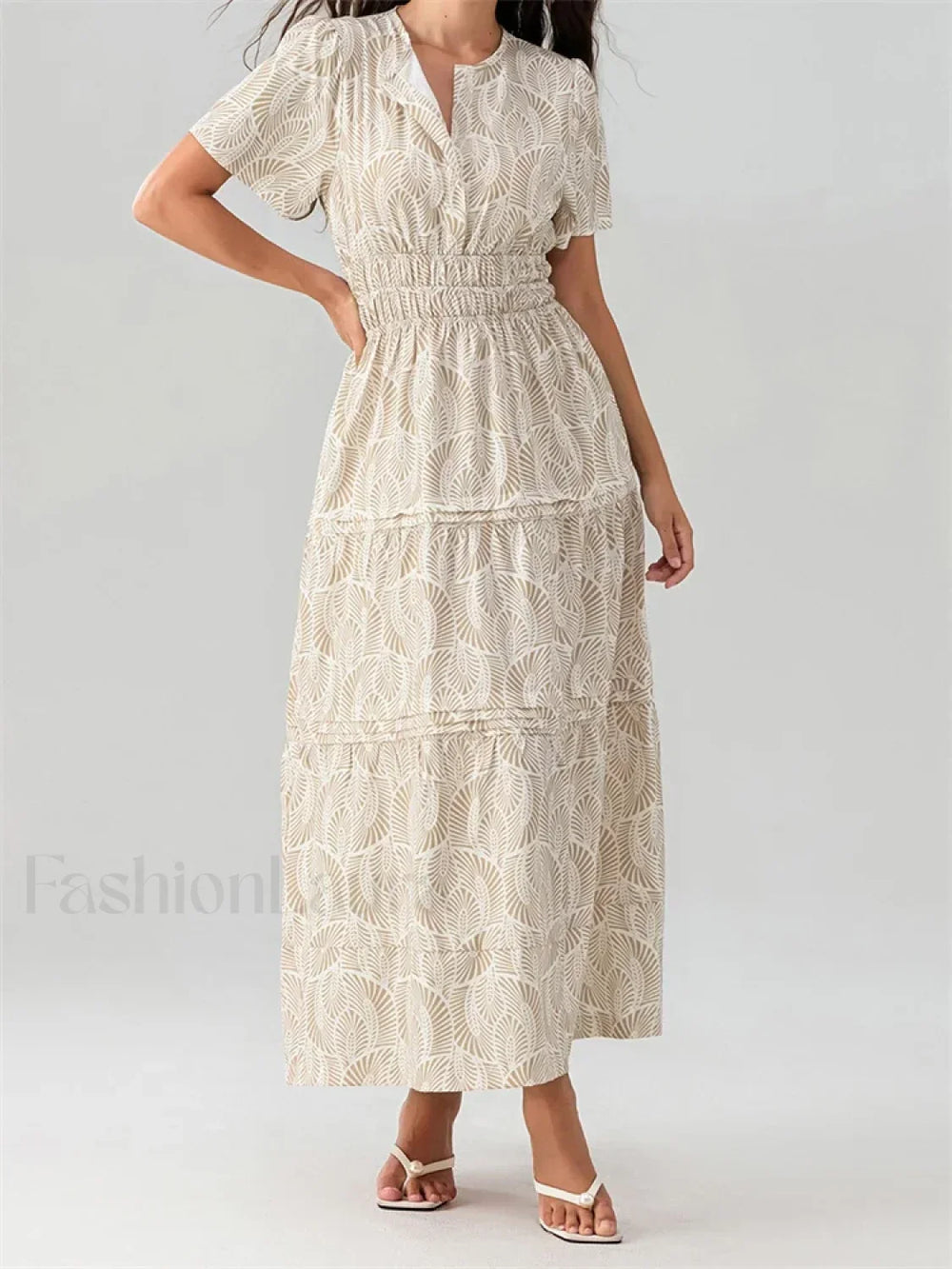 V Neck Flare Sleeve Pocket Maxi Dress Beige / S