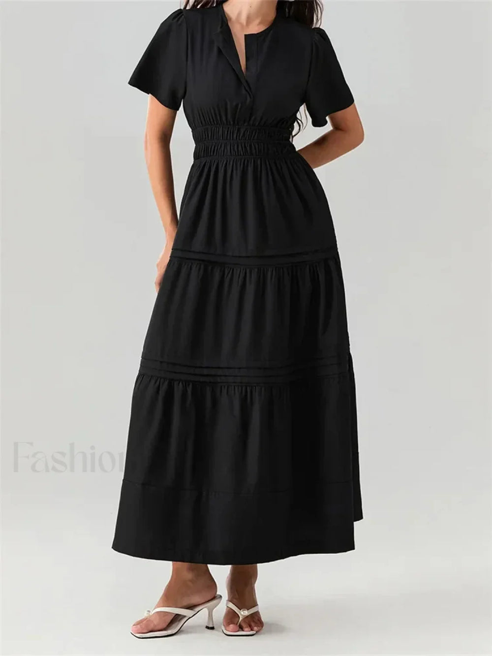 V Neck Flare Sleeve Pocket Maxi Dress Black / S