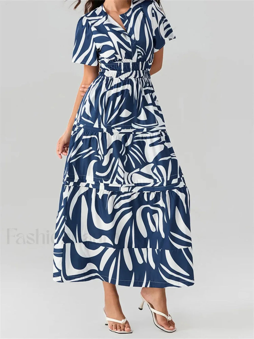 V Neck Flare Sleeve Pocket Maxi Dress Blue / S