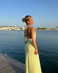 V Neck Floral Knit Dress Backless High Waist Split Floral Dress