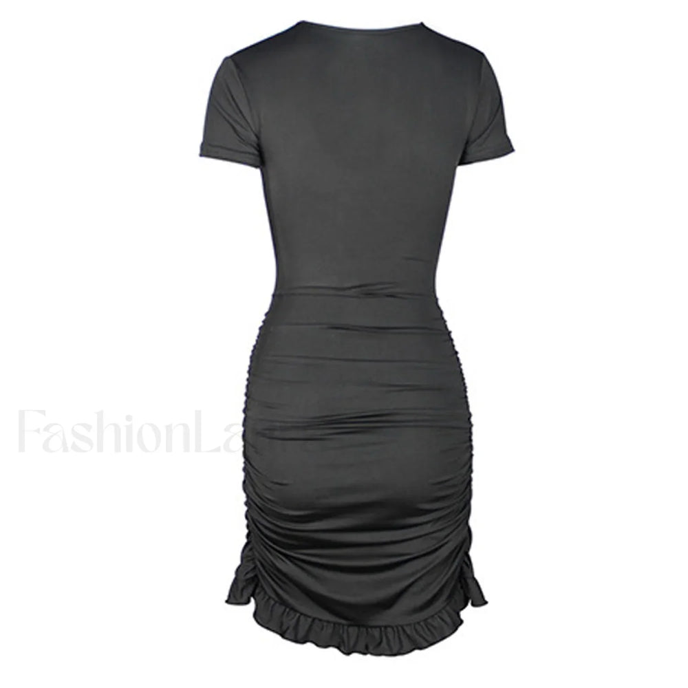 V Neck Floss Strap Ruched Bodycon Party Mini Dress Black L / Black Party Dresses L