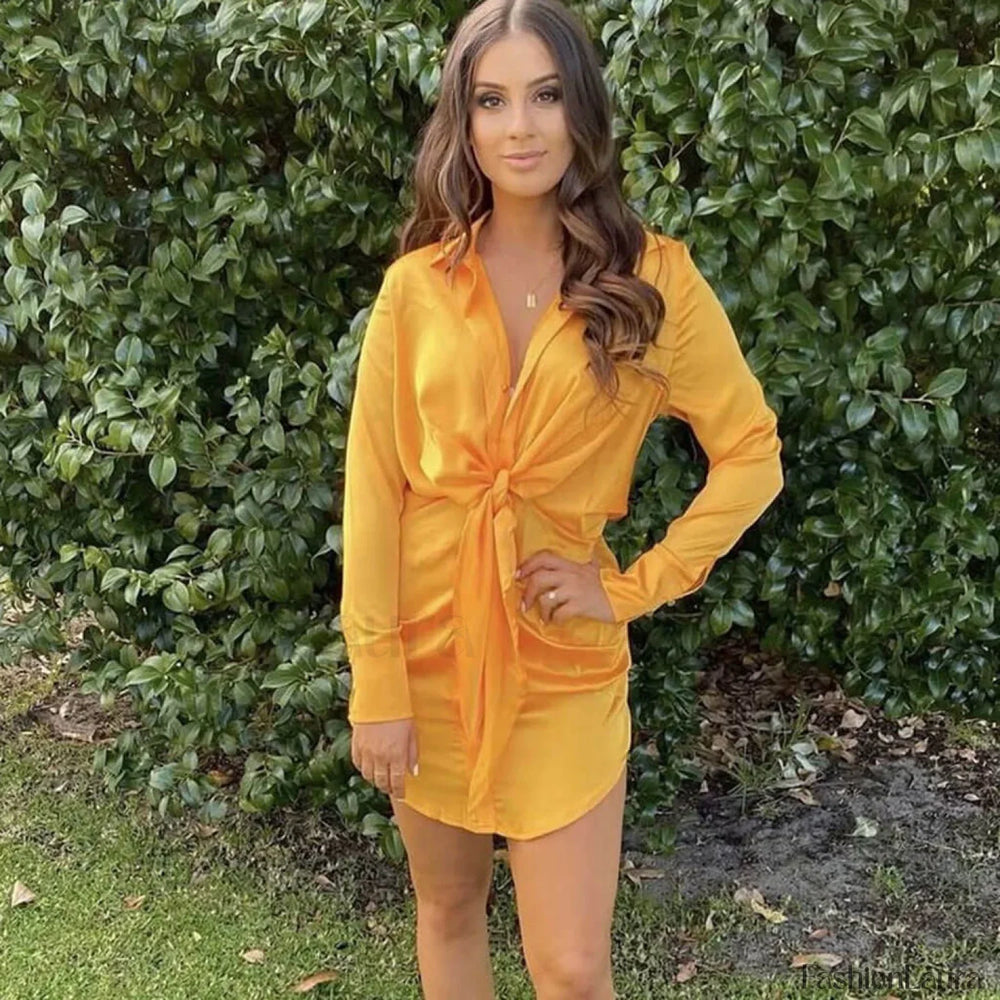 V Neck Knotted Long Sleeve Satin Shirt Mini Dress Gold M / Gold Satin Dresses