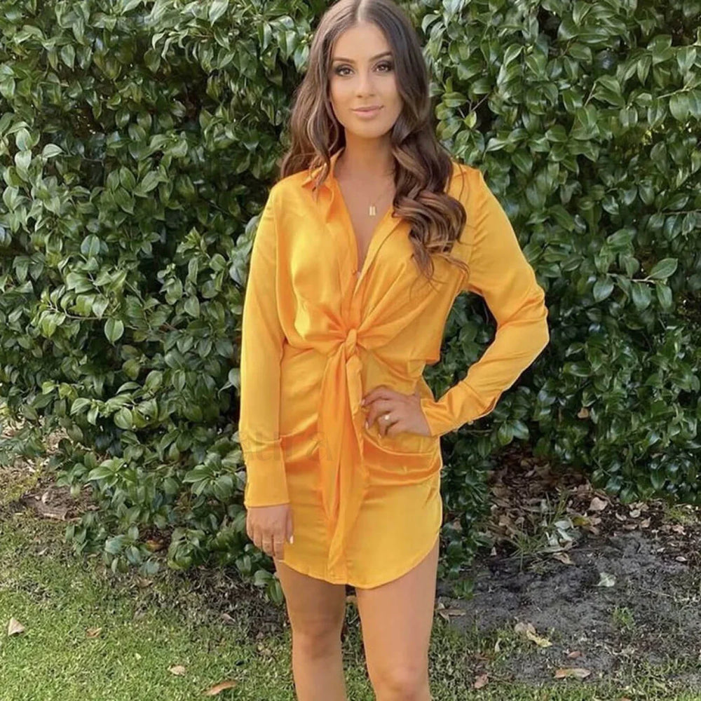 V Neck Knotted Long Sleeve Satin Shirt Mini Dress Gold M / Gold Satin Dresses