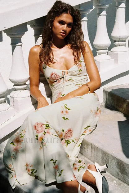 V Neck Lace Up Floral Retro Fishtail Dress Pure Desire Maxi Style White / S